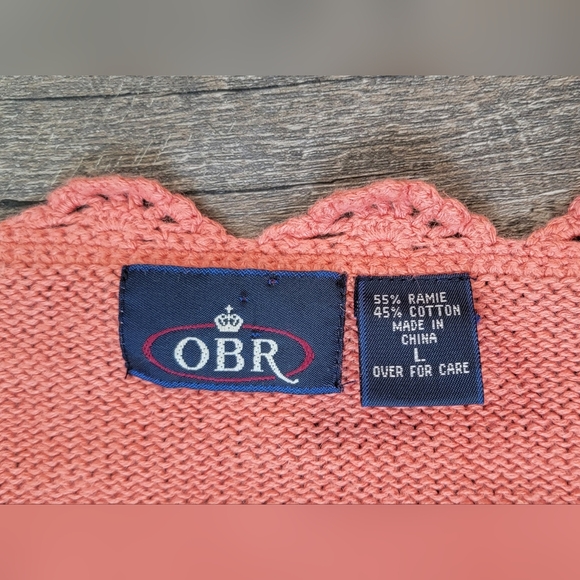 90s Vintg OBR Floral Crochet Open Knit Chunky Cardigan Womens L Rusty Coral Cott - Picture 6 of 10